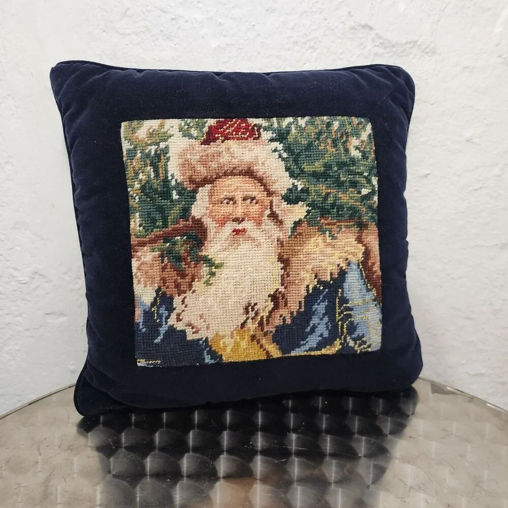 Vintage Christmas Needlepoint Throw Pillows Set 2 Santa Claus Velvet Back Blue
